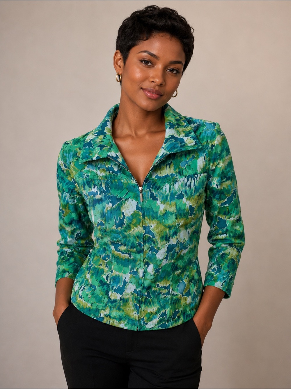 Ruby Rd. Green & Teal Watercolor Zip-Front Button Down Top